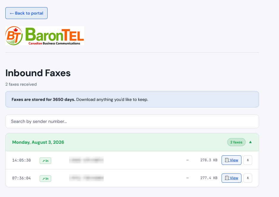 Inbound faxes listed as PDF files in the BaronTEL client portal, with sender number, time and file size