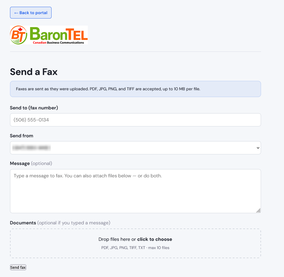 The Send a Fax screen in the BaronTEL client portal, showing the destination field, sending number, message box and document upload area