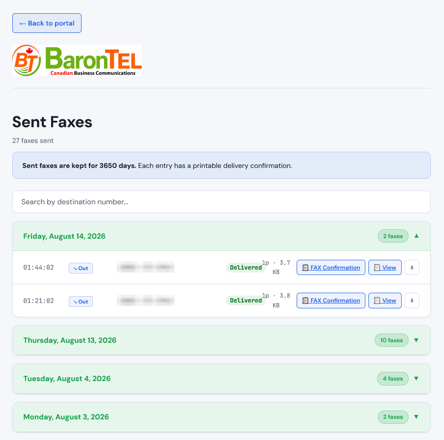 Sent fax history in the BaronTEL client portal showing delivery confirmations, page counts and file sizes