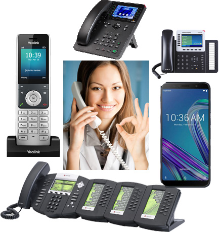 Business VoIP phone options including Yealink desk phones, cordless handsets, and mobile softphone apps